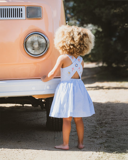 SONGBIRD STRIPE EMBROIDERED CROSS BACK DRESS