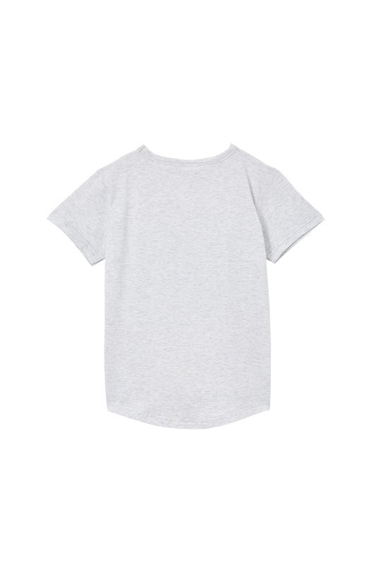 This round neck tee features a centre front dino print, on a grey jersey fabric. 