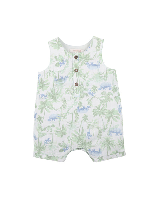 savanna print crosshatch cotton sleeveless romper features a front button placket, rolled hem cuffs and a concealed press stud crotch opening for ease of dressing your little one