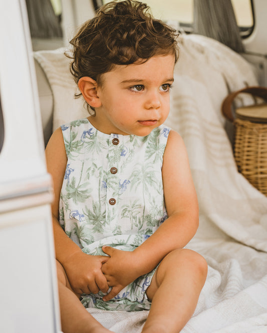savanna print crosshatch cotton sleeveless romper features a front button placket, rolled hem cuffs and a concealed press stud crotch opening for ease of dressing your little one