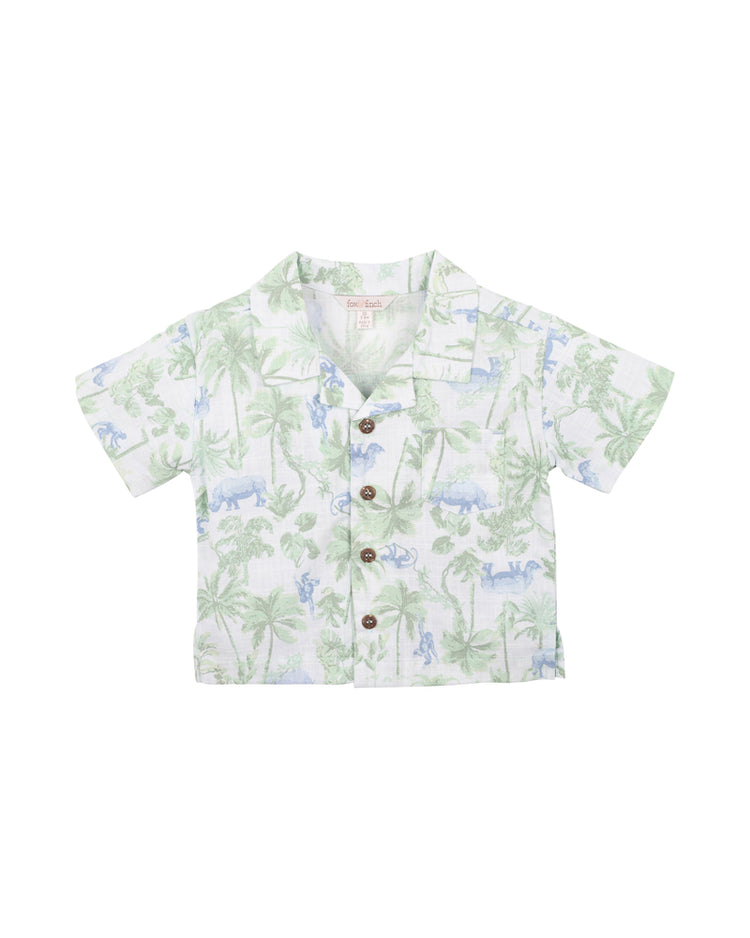 short sleeve savanna print shirt made from a crosshatch cotton offers comfort and breathability and features an open neck button through front, side splits and a chest pocket
