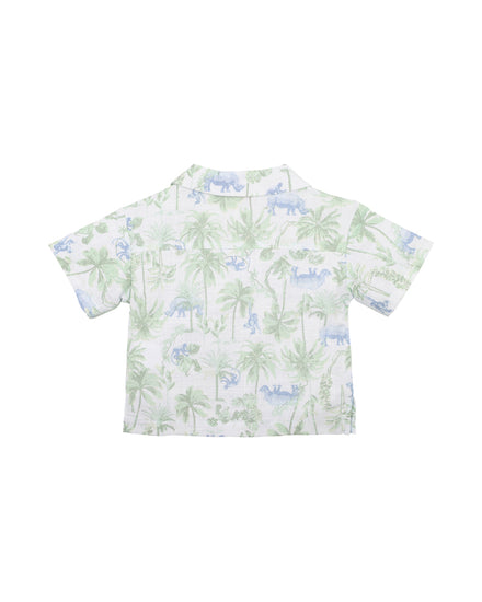 short sleeve savanna print shirt made from a crosshatch cotton offers comfort and breathability and features an open neck button through front, side splits and a chest pocket