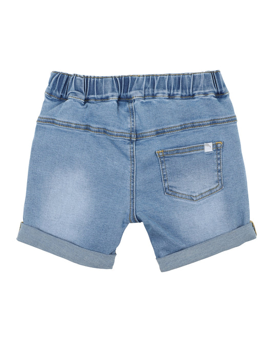 These practical mid blue indigo denim shorts feature an elasticised waist, mock side front pockets, back patch pocket and rolled hem cuffs