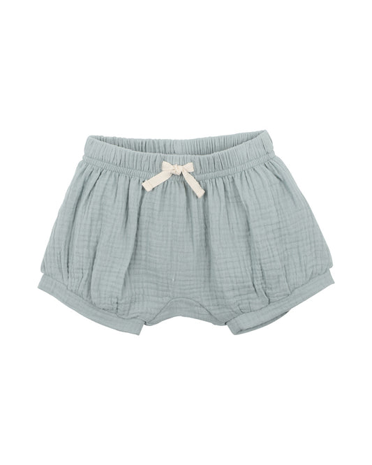 These sage crinkle cotton shorts feature an elasticised waist for comfort and ease of dressing with a mock tie and leg cuffs