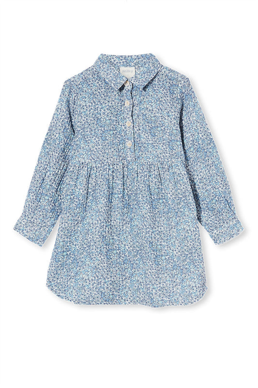 Milky Clothing Antique Floral Dress. A crowd favourite this season, is our blue and white Antique floral dress. Made from 100% Cotton this dress is easy to wear season after season. Style with tights and a jacket for winter or wear by itself in summer.