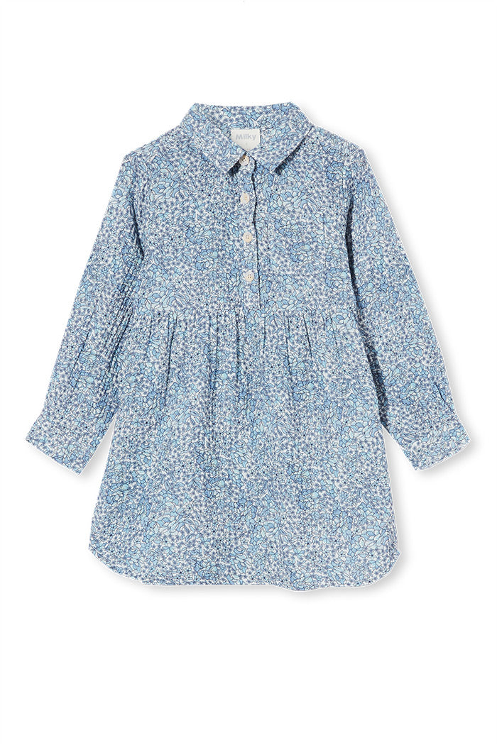 Milky Clothing Antique Floral Dress. A crowd favourite this season, is our blue and white Antique floral dress. Made from 100% Cotton this dress is easy to wear season after season. Style with tights and a jacket for winter or wear by itself in summer.